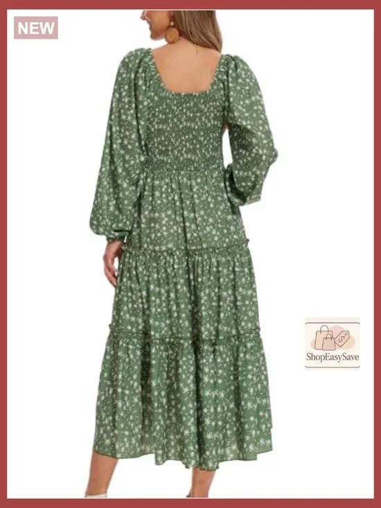 Boho Floral Midi Dress with Puff Sleeves Smocked Waist and Pockets - Picture 2 of 7